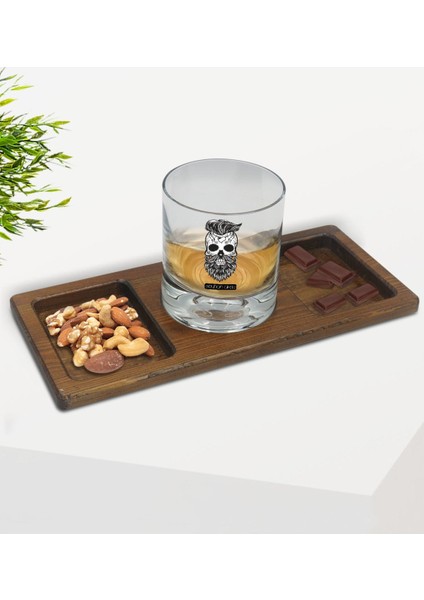 Kişiye Özel Erkek Kurukafa Tasarımlı Viski Bardağı ve Doğal Masif Ahşap Dikdörtgen Sunum Tabağı Çerezlik Hediye Seti-2