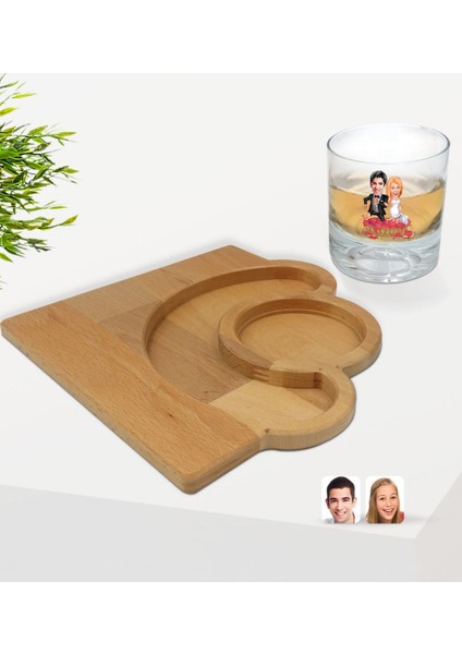 Kişiye Özel Evleniyoruz Karikatürlü Viski Bardağı ve Doğal Masif Ahşap Yarım Ay Sunum Tabağı Çerezlik Hediye Seti-10 fiyatları
