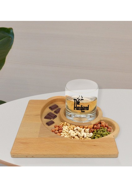 Kişiye Özel The Husband Tasarımlı Viski Bardağı ve Doğal Masif Ahşap Yarım Ay Sunum Tabağı Çerezlik Hediye Seti-1