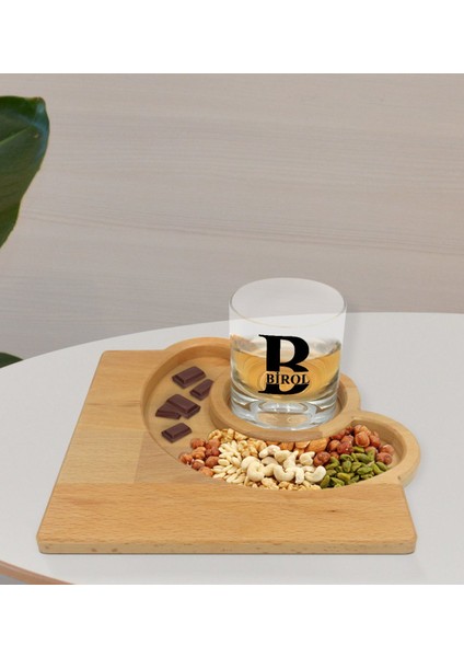 Kişiye Özel Isimli Viski Bardağı ve Doğal Masif Ahşap Yarım Ay Sunum Tabağı Çerezlik Hediye Seti-31