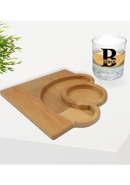 Kişiye Özel Isimli Viski Bardağı ve Doğal Masif Ahşap Yarım Ay Sunum Tabağı Çerezlik Hediye Seti-31 fiyatları