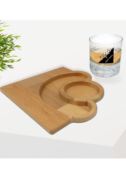 Kişiye Özel Isimli Viski Bardağı ve Doğal Masif Ahşap Yarım Ay Sunum Tabağı Çerezlik Hediye Seti-27 fiyatları