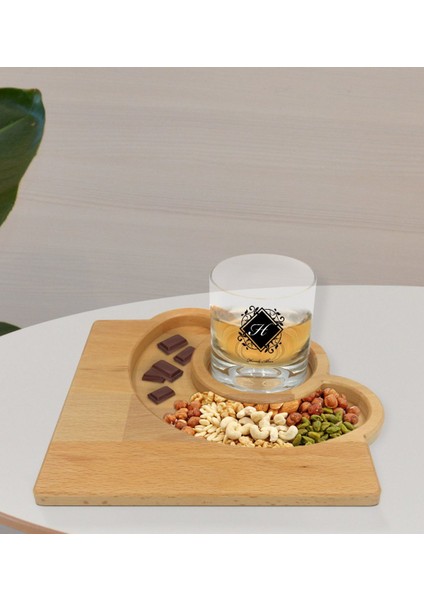 Kişiye Özel Baş Harfli Isimli Viski Bardağı ve Doğal Masif Ahşap Yarım Ay Sunum Tabağı Çerezlik Hediye Seti-10