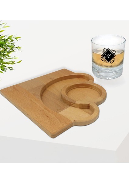 Kişiye Özel Baş Harfli Isimli Viski Bardağı ve Doğal Masif Ahşap Yarım Ay Sunum Tabağı Çerezlik Hediye Seti-10 fiyatları