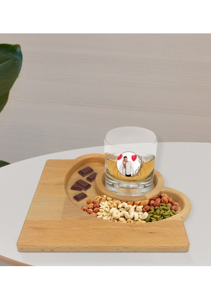 Kişiye Özel Isimli Fotoğraflı Viski Bardağı ve Doğal Masif Ahşap Yarım Ay Sunum Tabağı Çerezlik Hediye Seti-25