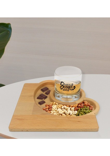 Kişiye Özel Sosyal Içici Tasarımlı Viski Bardağı ve Doğal Masif Ahşap Yarım Ay Sunum Tabağı Çerezlik Hediye Seti-2