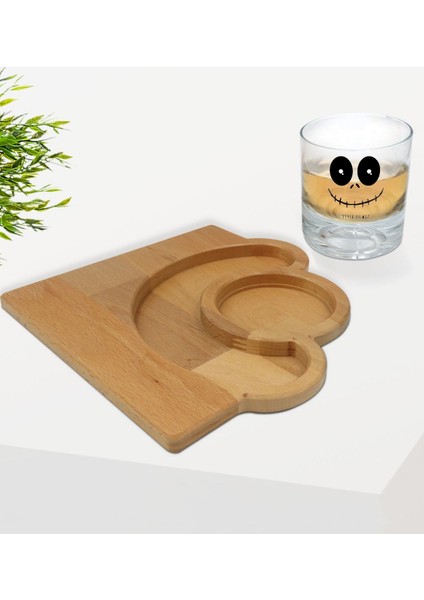 Kişiye Özel Sevimli Korkunç Yüz Tasarımlı Viski Bardağı ve Doğal Masif Ahşap Yarım Ay Sunum Tabağı Çerezlik Hediye Seti-1 fiyatları