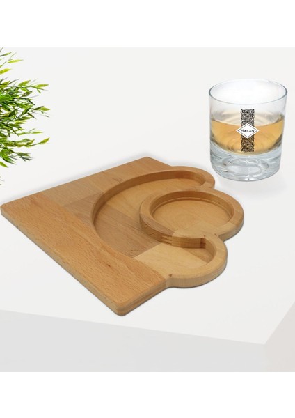 Kişiye Özel Isimli Viski Bardağı ve Doğal Masif Ahşap Yarım Ay Sunum Tabağı Çerezlik Hediye Seti-25 fiyatları