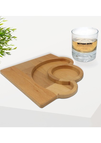 Kişiye Özel Isimli Alcohol Company Tasarımlı Viski Bardağı ve Doğal Masif Ahşap Yarım Ay Sunum Tabağı Çerezlik Hediye Seti fiyatları
