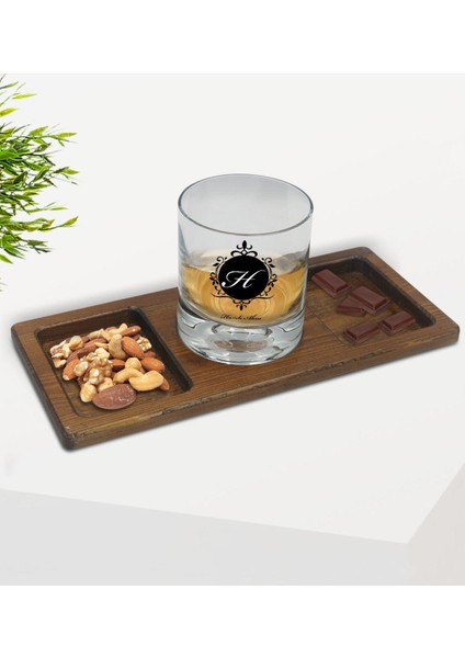 Kişiye Özel Baş Harfli Isimli Viski Bardağı ve Doğal Masif Ahşap Dikdörtgen Sunum Tabağı Çerezlik Hediye Seti-9