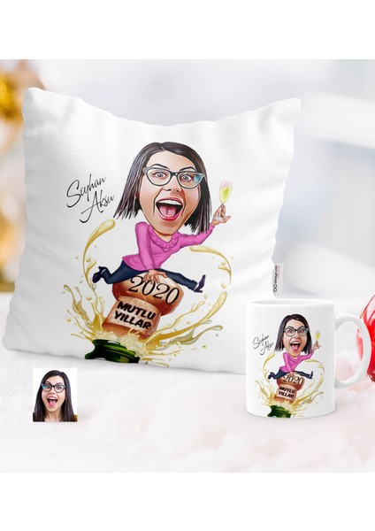 Kişiye Özel Yılbaşı Temalı Bayan Karikatürlü Yastık Kupa Seti - 6