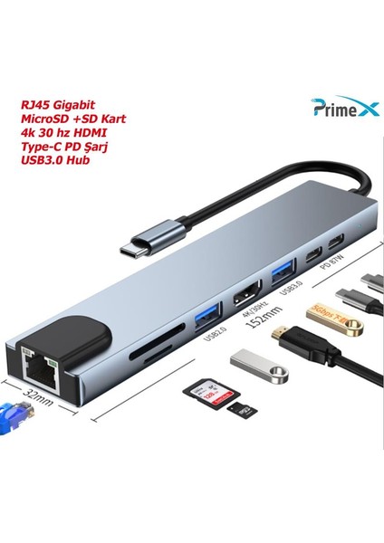 PrimeX Plus PX-U520 4K 30Hz Gri Metal Type-C To 4K Hdmı+Usb 3.0+RJ45+SD Kart+Pd Şarj Çevirici Adaptör