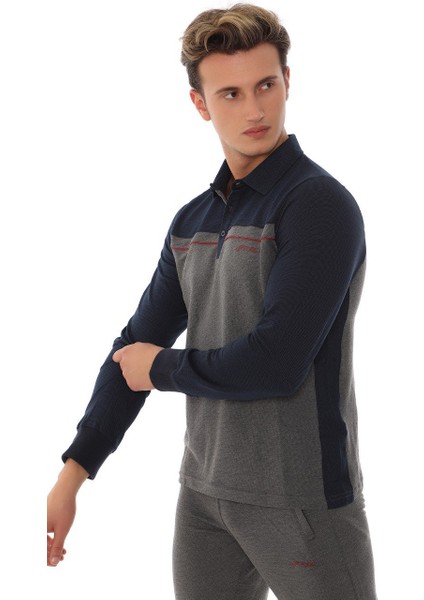 Erkek Antra Melanj Polo Yakalı Uzun Kollu T-Shirt Eşofman Takım modelleri