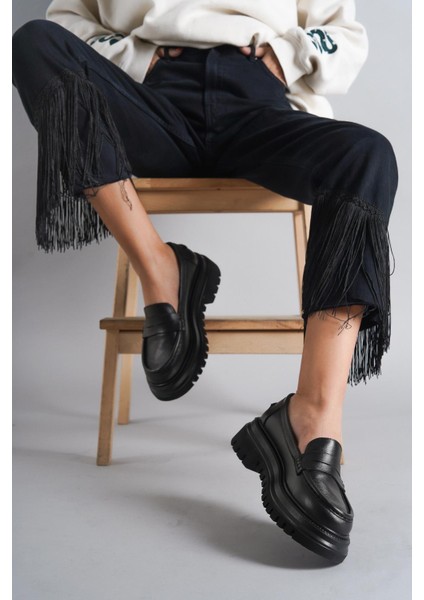 Hakiki Deri Siyah Kadın Günlük Kalın Taban Deri Loafer Ayakkabı Trc-216675