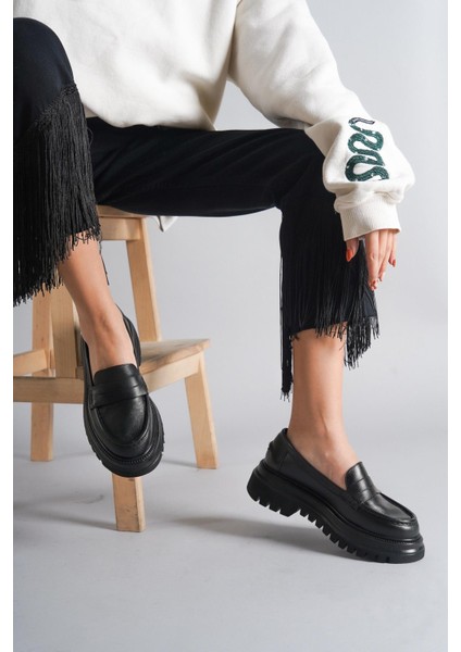 Hakiki Deri Siyah Kadın Günlük Kalın Taban Deri Loafer Ayakkabı Trc-216675 modelleri