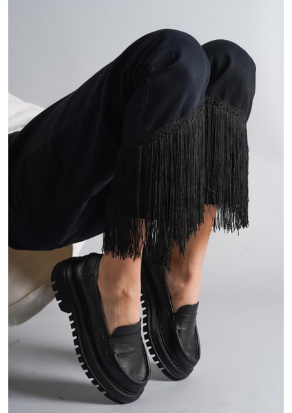 Hakiki Deri Siyah Kadın Günlük Kalın Taban Deri Loafer Ayakkabı Trc-216675 fırsatları