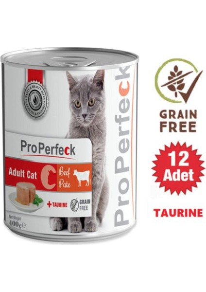 Tahılsız Sığır Etli Püre Yetişkin Kedi Konservesi 400 gr 12 Adet + Taurine