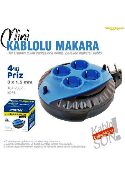 Mini Seyyar Makaralı Uzatma Kablosu 3 x 1,5 mm 3 M