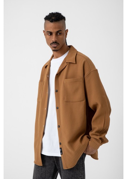 Oversize Bürümcük Çizgili Çift Cepli Camel Gömlek