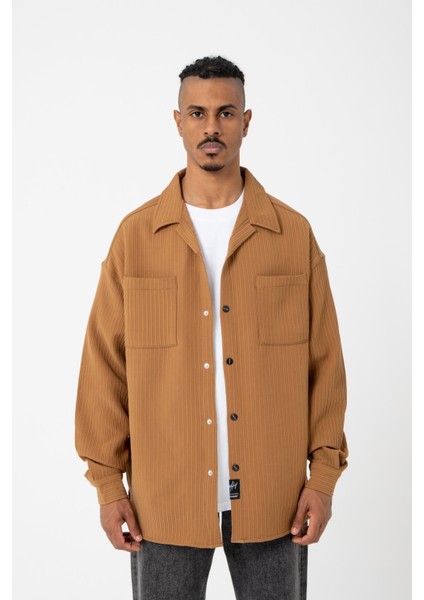 Oversize Bürümcük Çizgili Çift Cepli Camel Gömlek