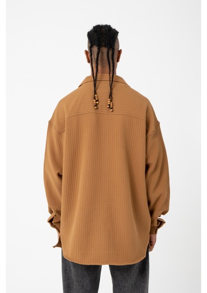 Oversize Bürümcük Çizgili Çift Cepli Camel Gömlek