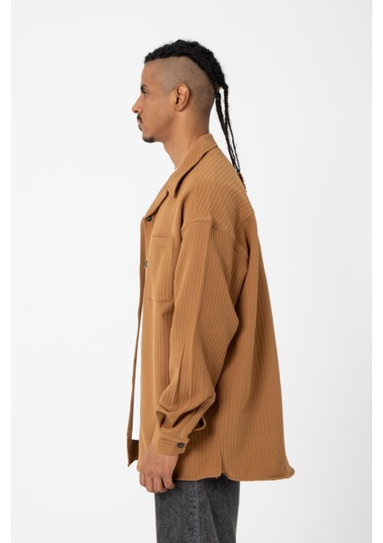Oversize Bürümcük Çizgili Çift Cepli Camel Gömlek
