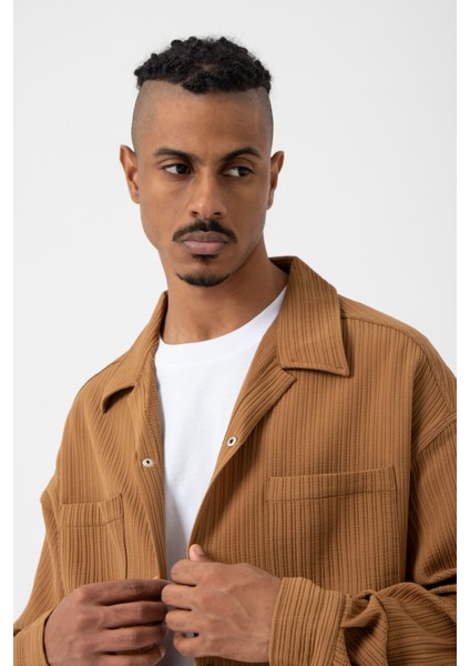 Oversize Bürümcük Çizgili Çift Cepli Camel Gömlek