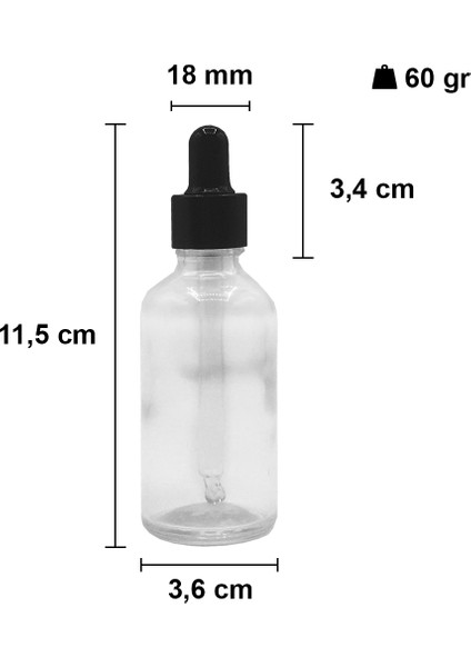 50 cc Şeffaf Damlalık Metal Siyah Sızdırmaz Kapaklı 50 ml Dropper Cam Serum Şişesi 6 Adet