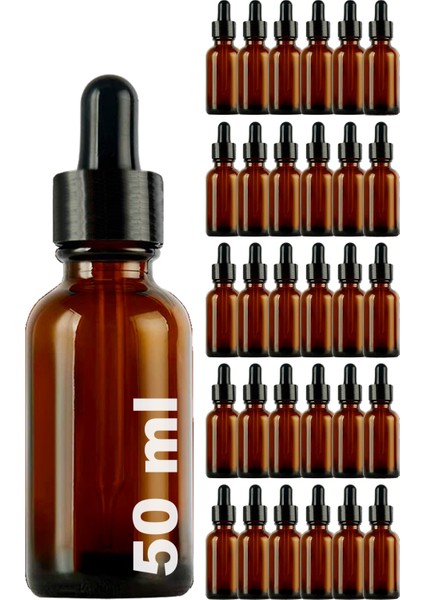 50 cc Amber Damlalık Metal Siyah Sızdırmaz Kapaklı 50 ml Dropper Cam Serum Şişesi 30 Adet