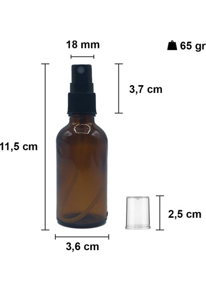 50 cc Amber Sprey Kapaklı 50 ml Siyah Fısfıs Kolonya Dezenfektan Cam Şişe 1 Adet