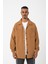 Oversize Bürümcük Çizgili Çift Cepli Camel Gömlek 2