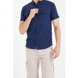 Blah Yaka Düğmeli Pamuklu Keten Görünümlü Kısa Kol Slim Fit Gömlek