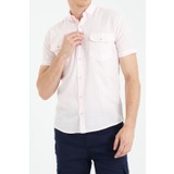 Blah Yaka Düğmeli Pamuklu Keten Görünümlü Kısa Kol Slim Fit Gömlek