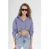 Domoda Bağcık Detaylı Çizgili Crop Fit Poplin Gömlek