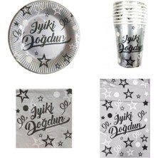 Dipak Gümüş Siyah Iyiki Doğdun Yazılı 8 Kişilik Doğum Günü Seti 120×180 cm Ebatında