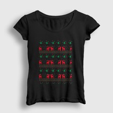 Presmono Kadın Siyah Deers Geyikler V2 Yılbaşı T-Shirt
