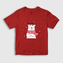 Presmono Unisex Çocuk Kırmızı Polar Bear Kutup Ayısı Yılbaşı T-Shirt
