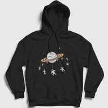 Presmono Unisex Siyah Saturn Astronaut Space Astronot Uzay Kapüşonlu Sweatshirt