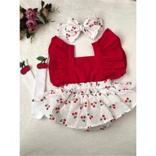 Baby Puff Kız Çocuk Kırmızı Kiraz Desen Slopet Bandana Kiraz Çorap Set