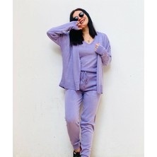 Butik Ponçik 3'lü Lila Rengi Cepli Triko Takım