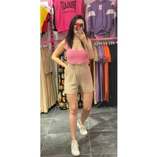 Butik Ponçik Beli Lastikli Vizon Keten Şort
