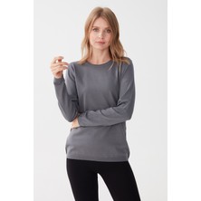 Desen Triko Kadın Likralı Uzun Kol Basic Sıfır Yaka Bluz 0240015 Gri