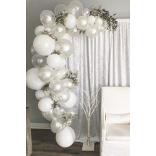 Bal10 Dünyası Pastel Beyaz Metalik Beyaz Şeffaf Balon Düğün Zinciri 50 Adet + 5 mt Balon Zinciri