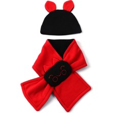 Berselüx Gülen Yüz Nakışlı, Kırmızı - Siyah Polar Fular Atkı- Bere Set Kız - Erkek Çocuk Unisex