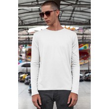 Rock&Roll Düz Baskısız Basic Bisiklet Yaka Beyaz Uzun Kollu Penye Erkek T-Shirt