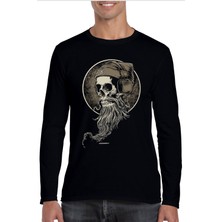 Rock&Roll Sakallı Kurukafa Bisiklet Yaka Siyah Uzun Kollu Penye Erkek T-Shirt
