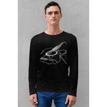 Rock&Roll Gitarımın Telleri Bisiklet Yaka Siyah Uzun Kollu Penye Erkek T-Shirt