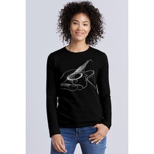 Rock&Roll Gitarımın Telleri Bisiklet Yaka Siyah Uzun Kollu Penye Kadın T-Shirt