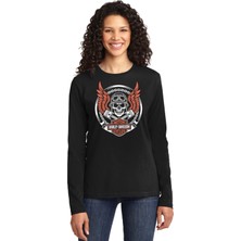 ROCKANDROLL Motorcu Kurukafa Bisiklet Yaka Siyah Uzun Kollu Penye Kadın T-Shirt