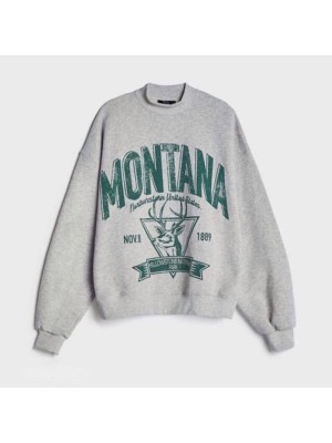 Nestore Gri Kadın Sweatshirt Oversize Montana Baskılı Kışlık Kadın Sweat